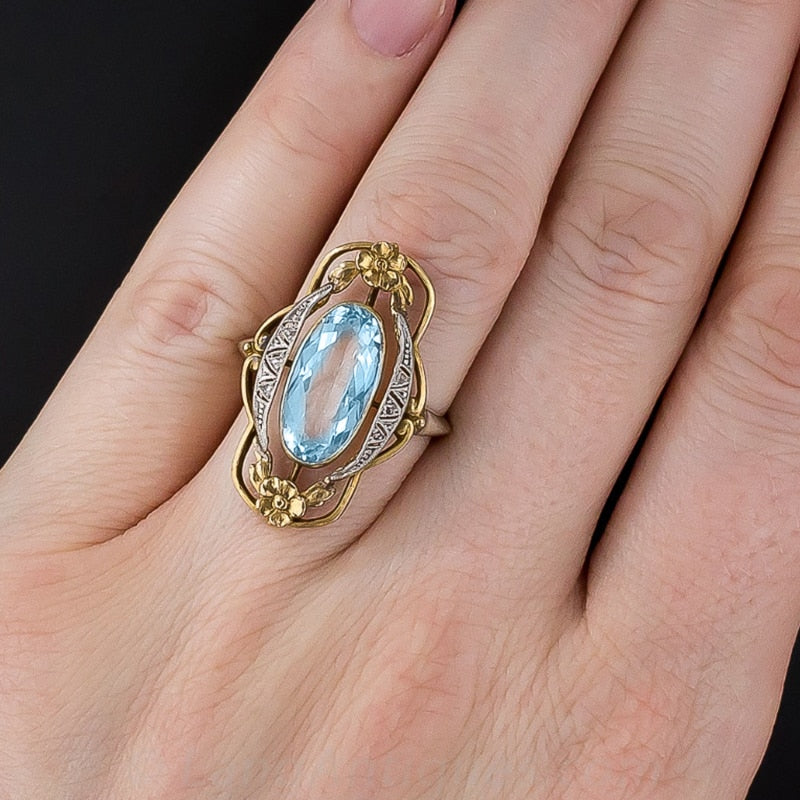 TEEK - Two Tone Flower Inlaid Sky Blue Ring JEWELRY theteekdotcom   