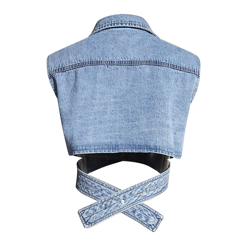 TEEK - Crossed Cropped Denim Top TOPS theteekdotcom   