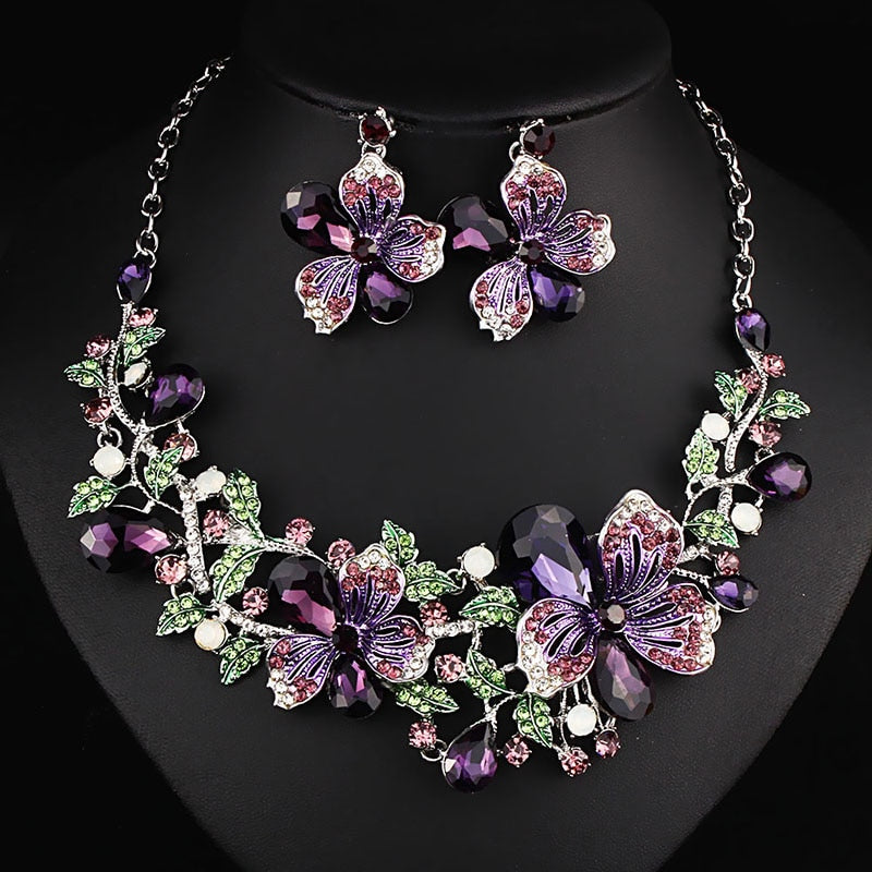 TEEK - Color Crystal Flower Necklace Earring Set JEWELRY theteekdotcom purple  