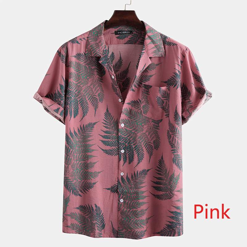 TEEK - Mens Short Sleeve Printed Tropical Leaf Shirt TOPS theteekdotcom Pink S 