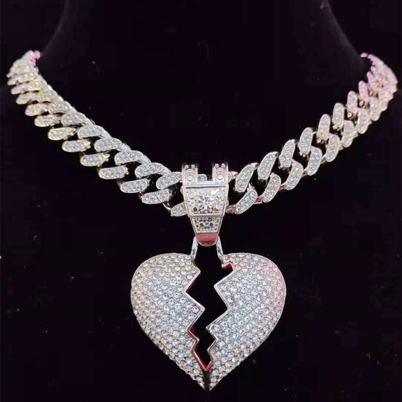 TEEK - Bling Broken Heart Cuban Chain Necklace JEWELRY theteekdotcom Silver b 16inch 
