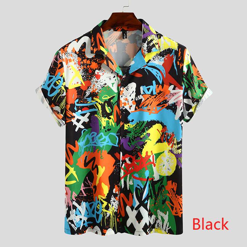TEEK - Mens Printed Short Sleeve Streetwear Hawaiian Shirts TOPS theteekdotcom Black S 