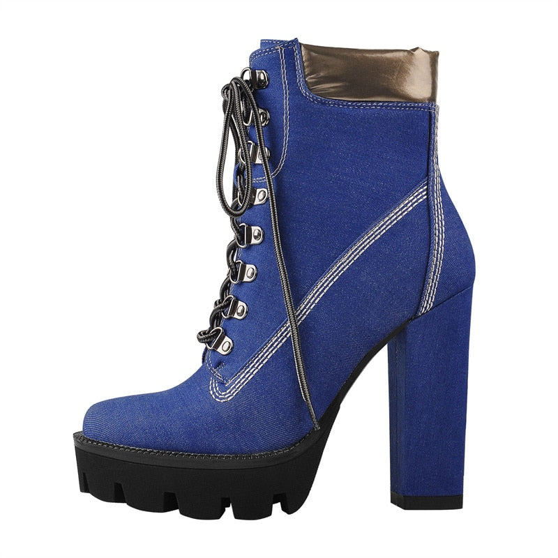 TEEK - Chunky Canvas Heel Ankle Boots SHOES theteekdotcom Blue US 5.5 (Label 5) 
