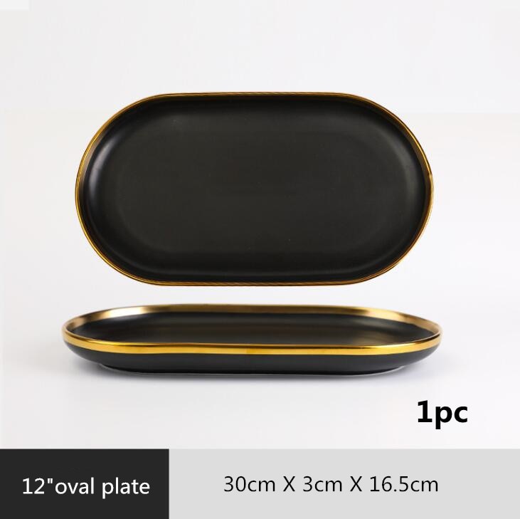 TEEK - Glit Rim Black Porcelain Plates HOME DECOR theteekdotcom Oval plate 1pcs  