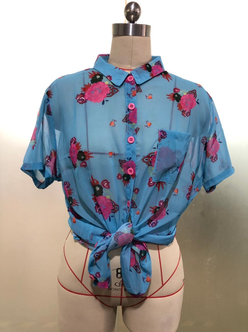 TEEK - Floral Sheer Shirt TOPS theteekdotcom Blue M (US Size S) 