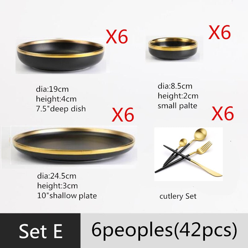 TEEK - Glit Rim Black Porcelain Plates HOME DECOR theteekdotcom Set E(42pcs)  