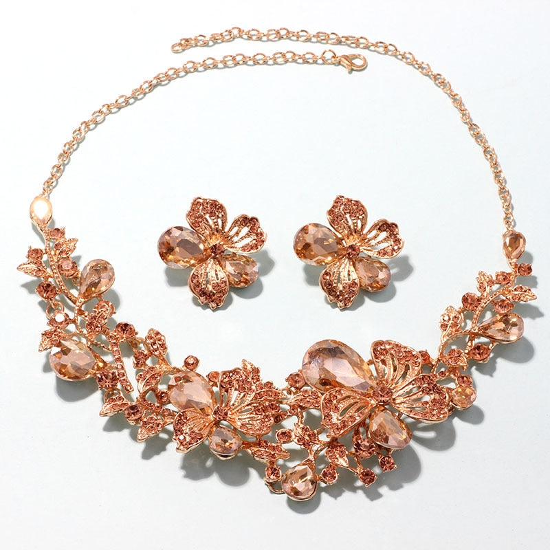 TEEK - Color Crystal Flower Necklace Earring Set JEWELRY theteekdotcom Brown  
