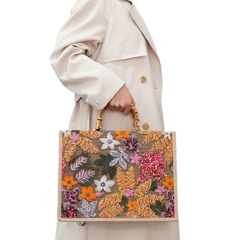 TEEK - Flower Embroidered Straw Tote Bag BAG theteekdotcom   