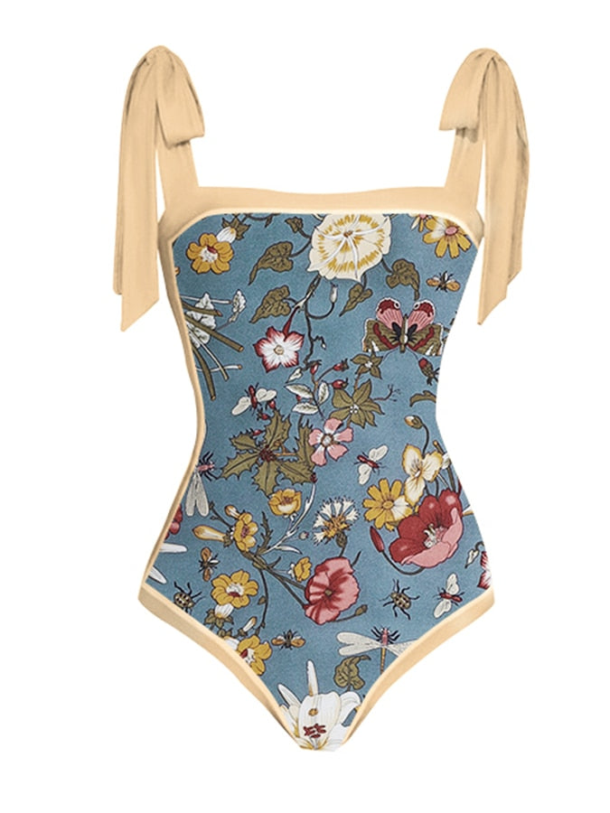 TEEK - Vintage Blue Creme Floral Print Swimsuit Set SWIMWEAR theteekdotcom Swimsuit S 