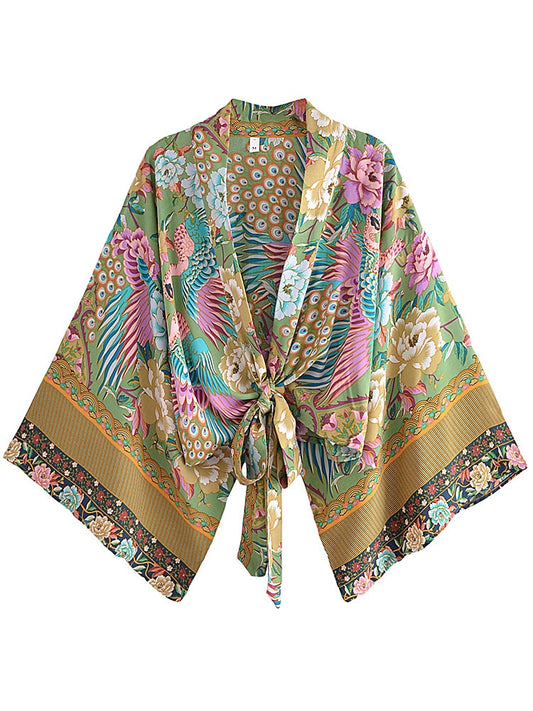 TEEK - Vintage Boho Kimono Peacock Short Robe ROBE theteekdotcom green S 