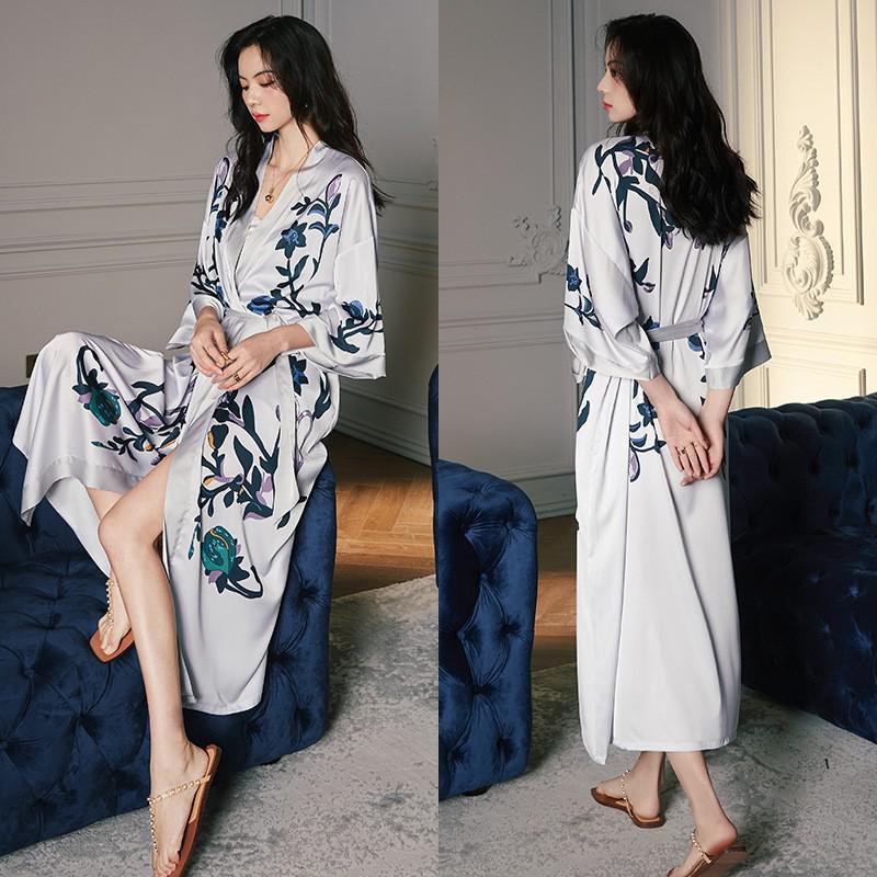 TEEK - Print Flower Long Robe Loungewear ROBE theteekdotcom Gray Flower One Size 