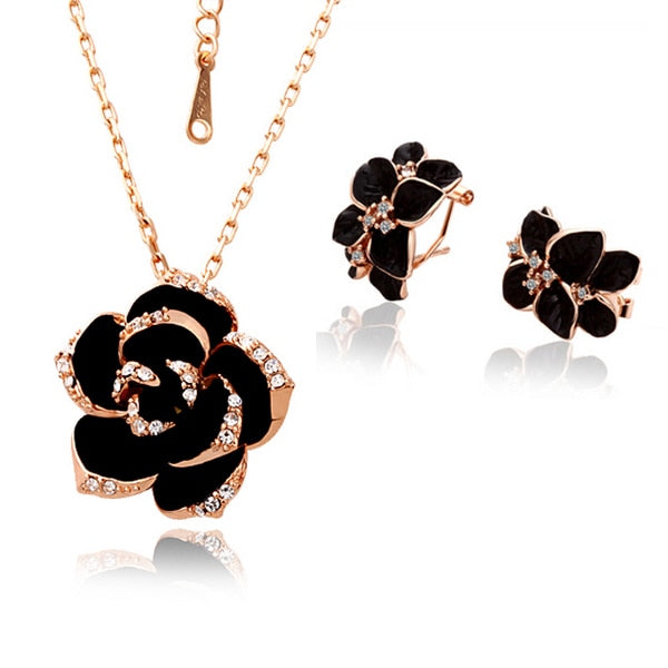 TEEK - Fashion Rose Flower Enamel Jewelry Sets JEWELRY theteekdotcom rose gold black 2  