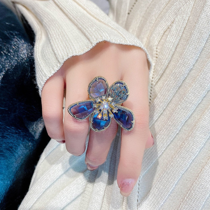 TEEK - Colored Crystal Flower Jewelry JEWELRY theteekdotcom blue ring 1PC  