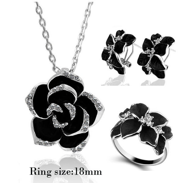 TEEK - Fashion Rose Flower Enamel Jewelry Sets JEWELRY theteekdotcom silver black 3 18mm/0.71in  