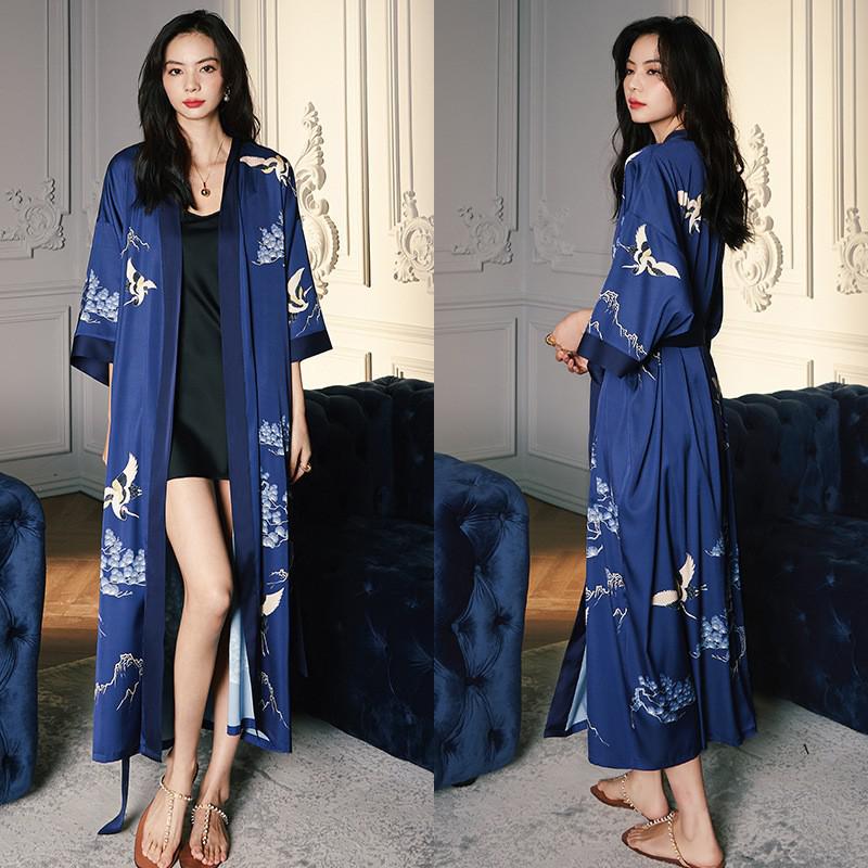 TEEK - Print Flower Long Robe Loungewear ROBE theteekdotcom Navy Blue One Size 