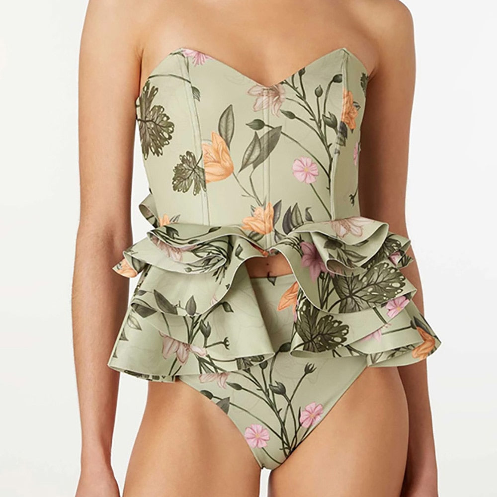 TEEK - Ruffled Floral Split Swimwear SWIMWEAR theteekdotcom Green S 