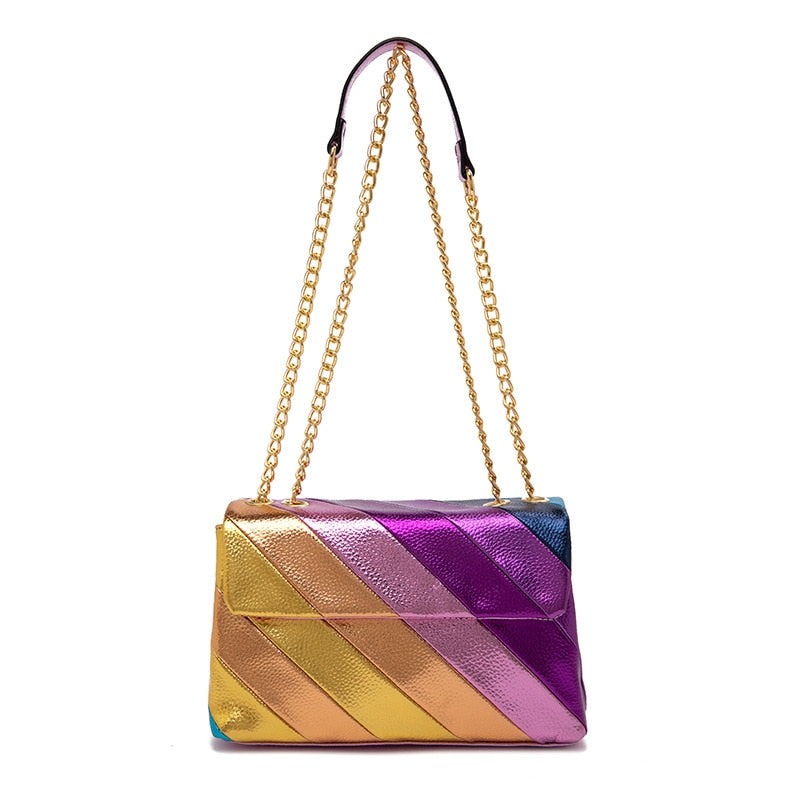 TEEK - Metallic Patchwork Strip Rainbow Flap Bag BAG theteekdotcom   
