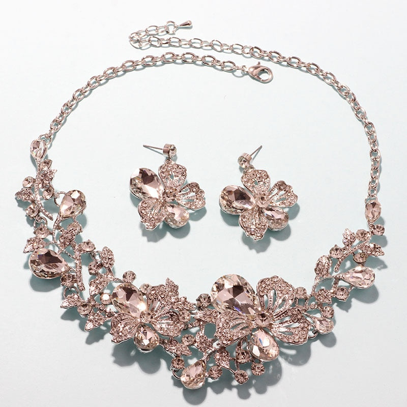TEEK - Color Crystal Flower Necklace Earring Set JEWELRY theteekdotcom WHITE  
