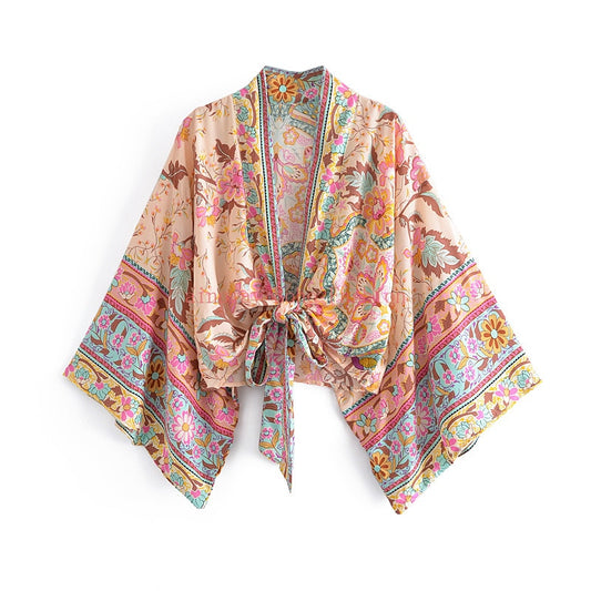 TEEK - Boho Queens Vintage Floral Sashes Short  Kimono Robe ROBE theteekdotcom beige S 