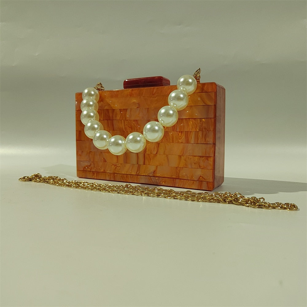 TEEK - Pearl Orange Box Clutch Bag BAG theteekdotcom With bead chain 18X11  cm 