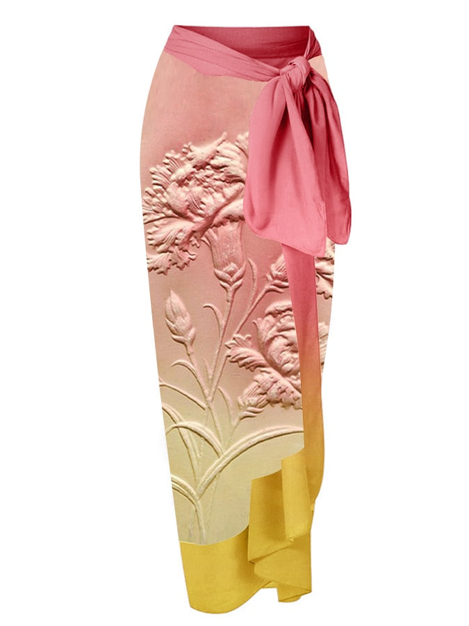 TEEK - Pink Floral Emboss Print Gradient Swimsuit Set SWIMWEAR theteekdotcom Sarong S 