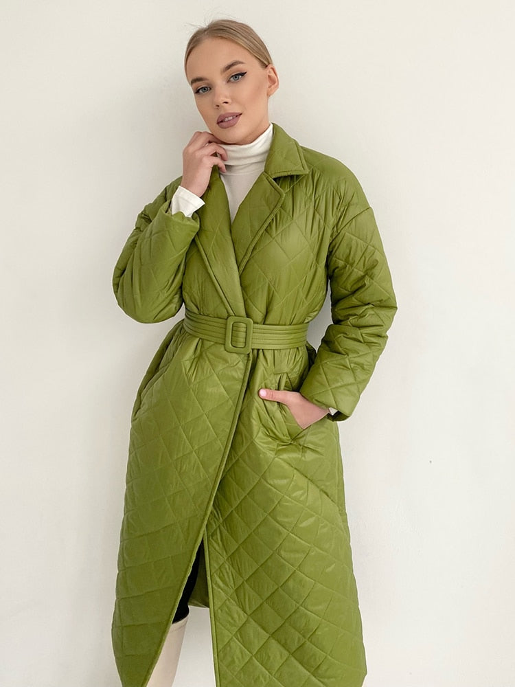 TEEK - Rhombus Pattern Belted Coat COAT theteekdotcom Green S 