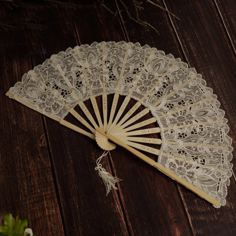 TEEK - Embroidery Bamboo Hand Folding Lace Fans FAN theteekdotcom beige with hole 25-30 days 