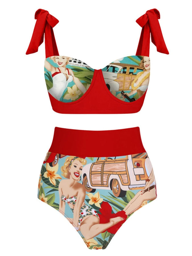 TEEK - Red Pinup Retro Print Swimsuit SWIMWEAR theteekdotcom Bikini S 