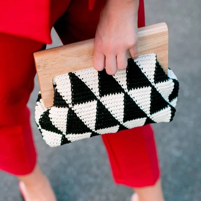 TEEK - Crochet Wood Grip Handbag BAG theteekdotcom black white  