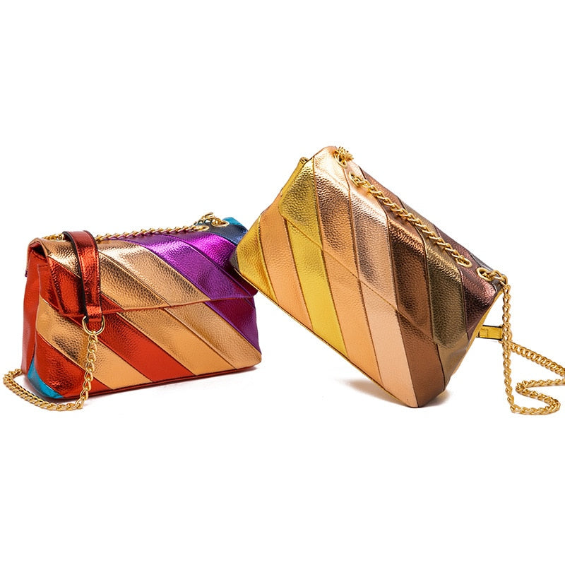 TEEK - Metallic Patchwork Strip Rainbow Flap Bag BAG theteekdotcom   