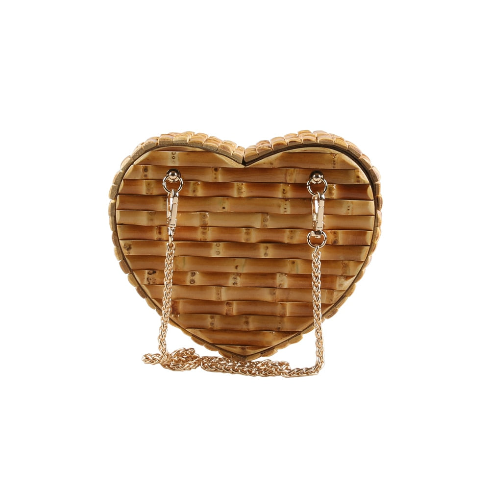 TEEK - Handmade Heart Wood Rattan Straw Purse BAG theteekdotcom   
