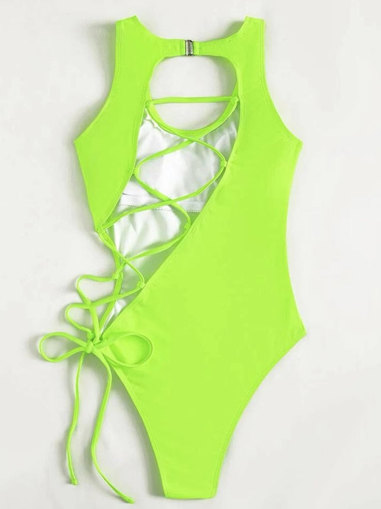 TEEK - Back Slant Hip Tie Swimsuit SWIMWEAR theteekdotcom Fluorescent Green US XS (label S) 
