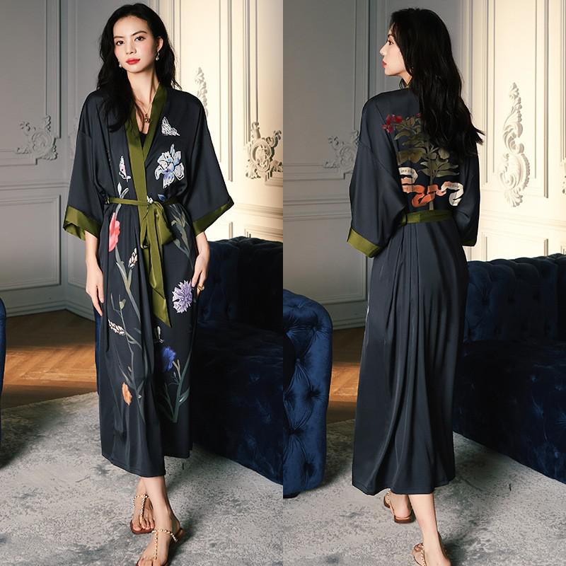 TEEK - Print Flower Long Robe Loungewear ROBE theteekdotcom Black One Size 