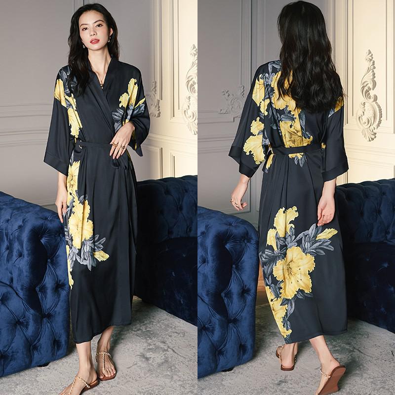 TEEK - Print Flower Long Robe Loungewear ROBE theteekdotcom Black Flower One Size 