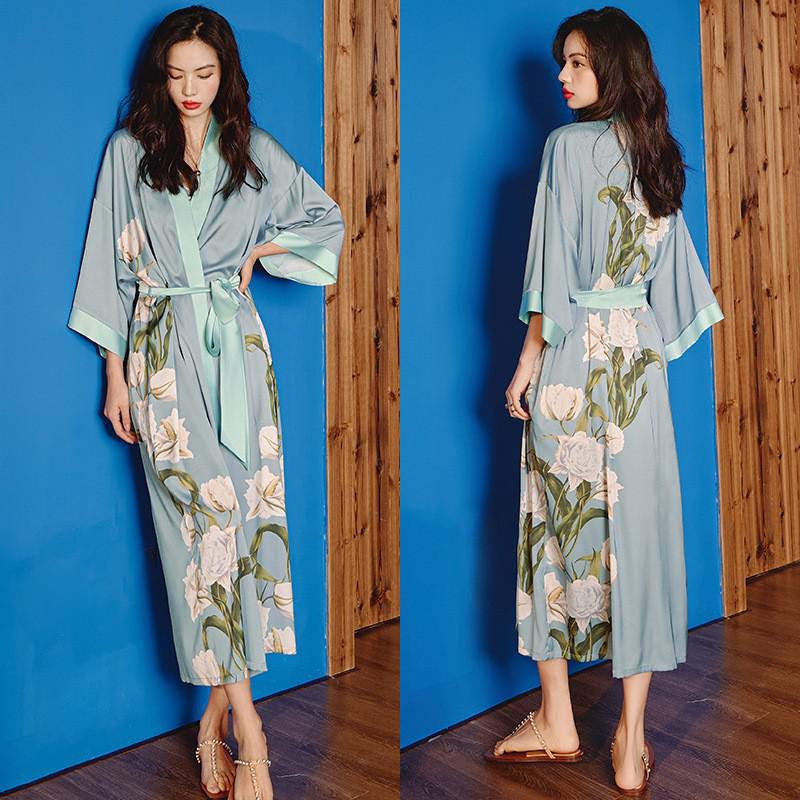 TEEK - Print Flower Long Robe Loungewear ROBE theteekdotcom Blue Flower 2 One Size 