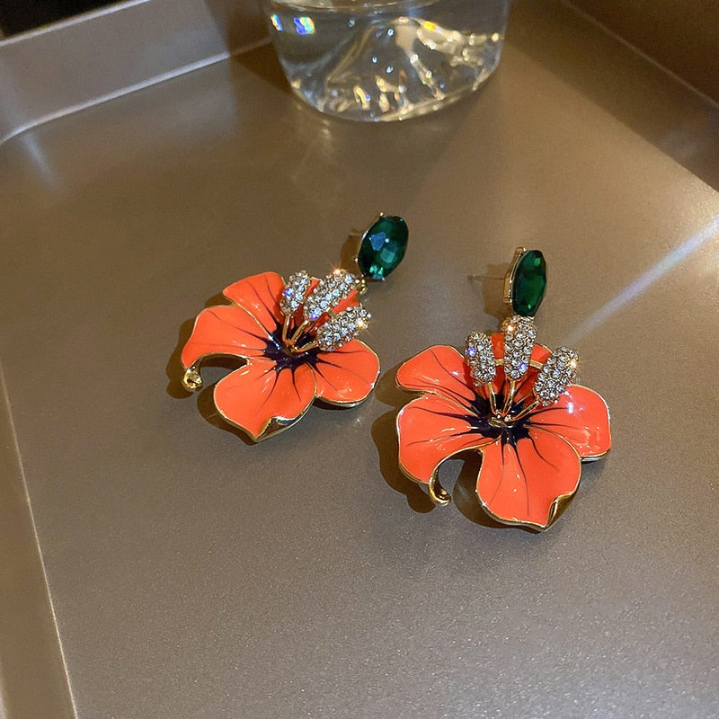 TEEK - Orange Enamel Flowers Drop Earrings JEWELRY theteekdotcom   