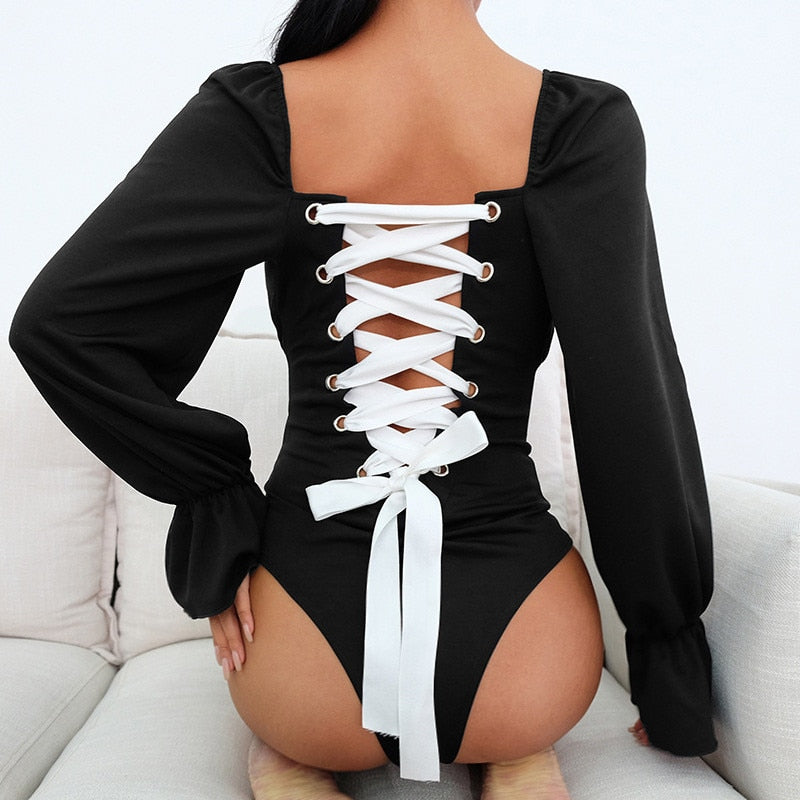 TEEK - Lace Up Bodysuit TOPS theteekdotcom Black Long Sleeve S 