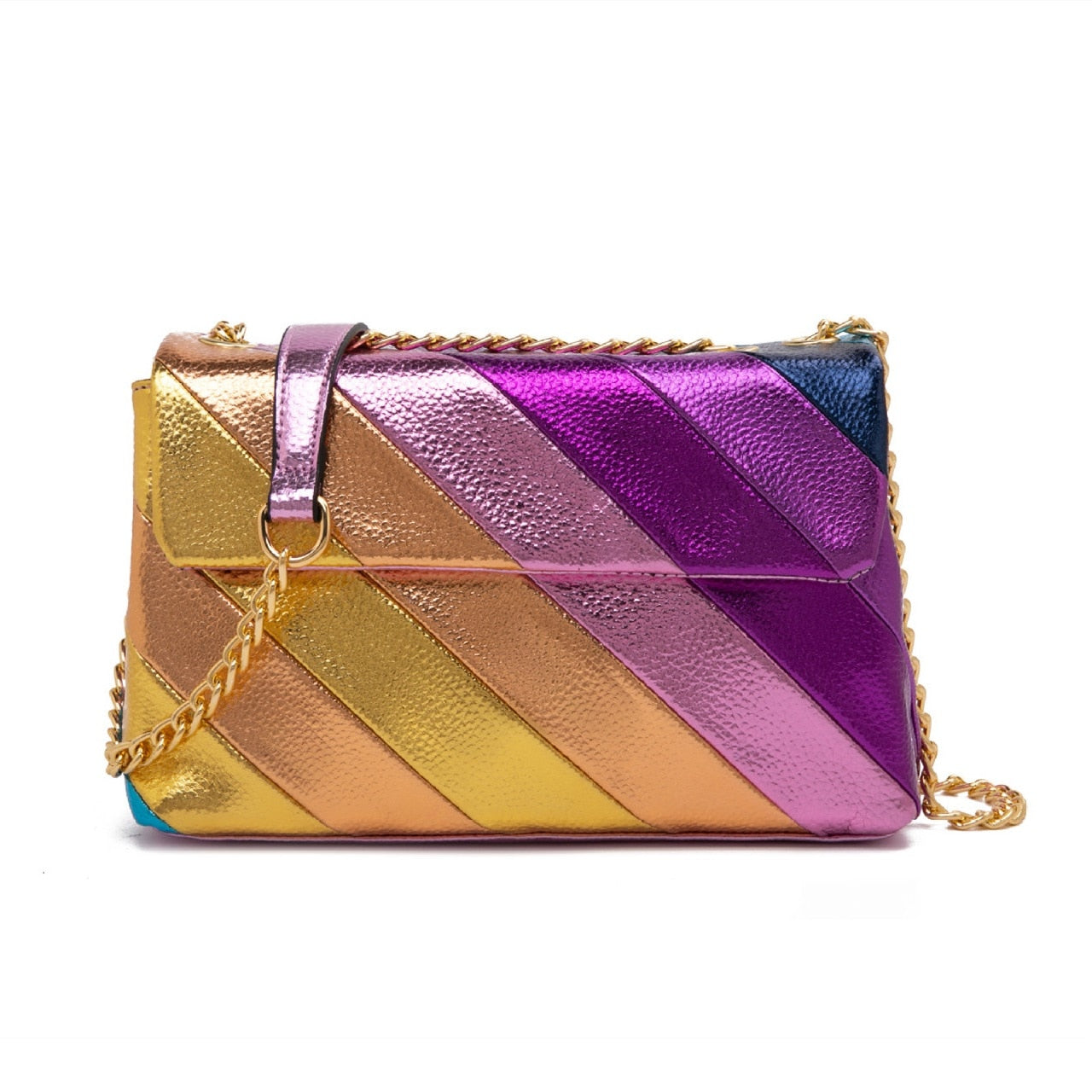 TEEK - Metallic Patchwork Strip Rainbow Flap Bag BAG theteekdotcom Pink  