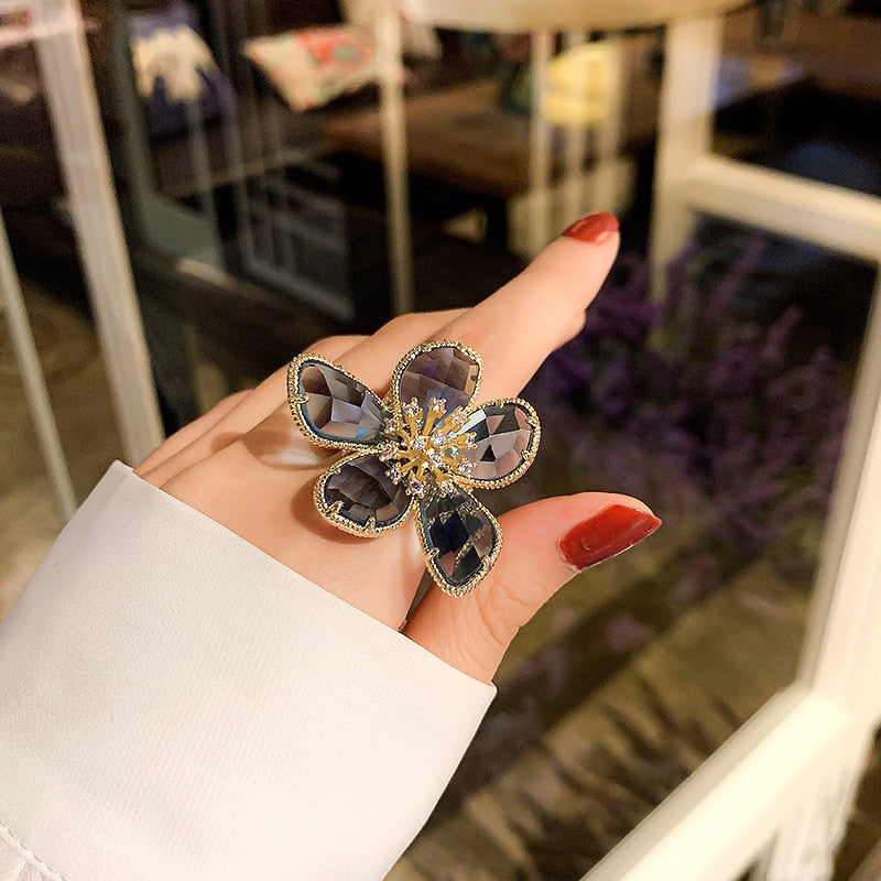 TEEK - Colored Crystal Flower Jewelry JEWELRY theteekdotcom grey ring 1PC  