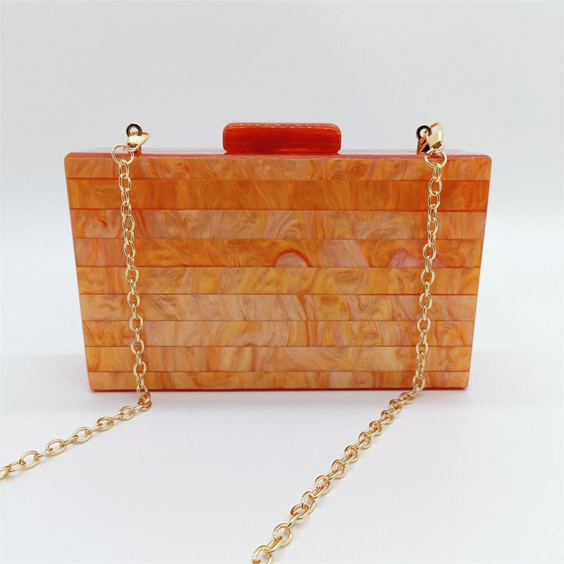 TEEK - Pearl Orange Box Clutch Bag BAG theteekdotcom With link  chain 18X11  cm 