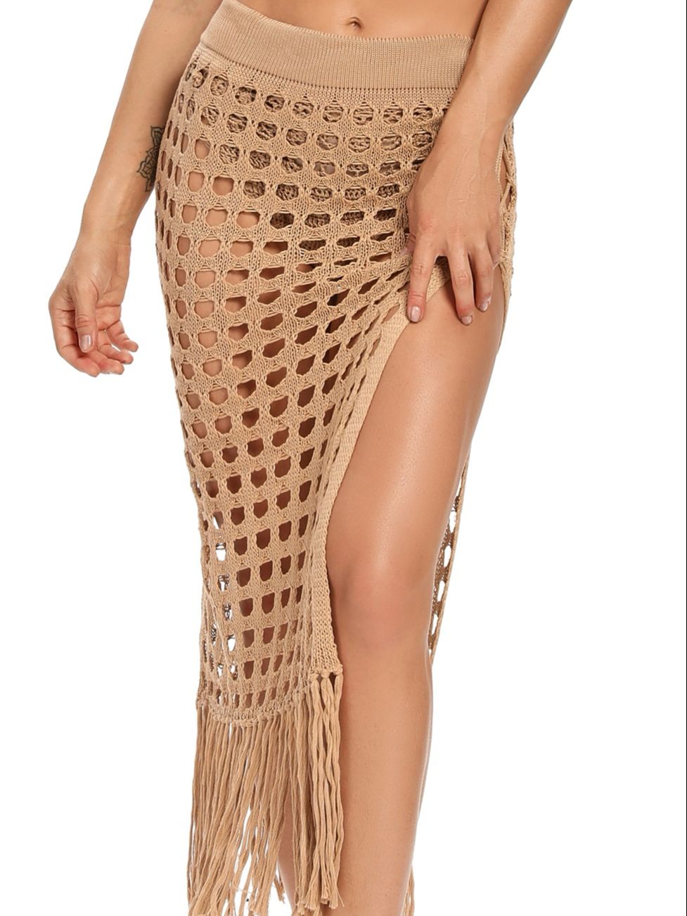 TEEK - Knit Split Tassel Beach Skirt SKIRT theteekdotcom Khaki S 