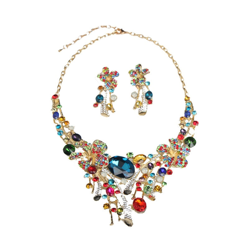 TEEK - Shiny Multicolor CZ Crystal Flower Necklace Earring Set JEWELRY theteekdotcom   