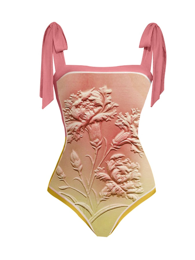 TEEK - Pink Floral Emboss Print Gradient Swimsuit Set SWIMWEAR theteekdotcom Suit S 