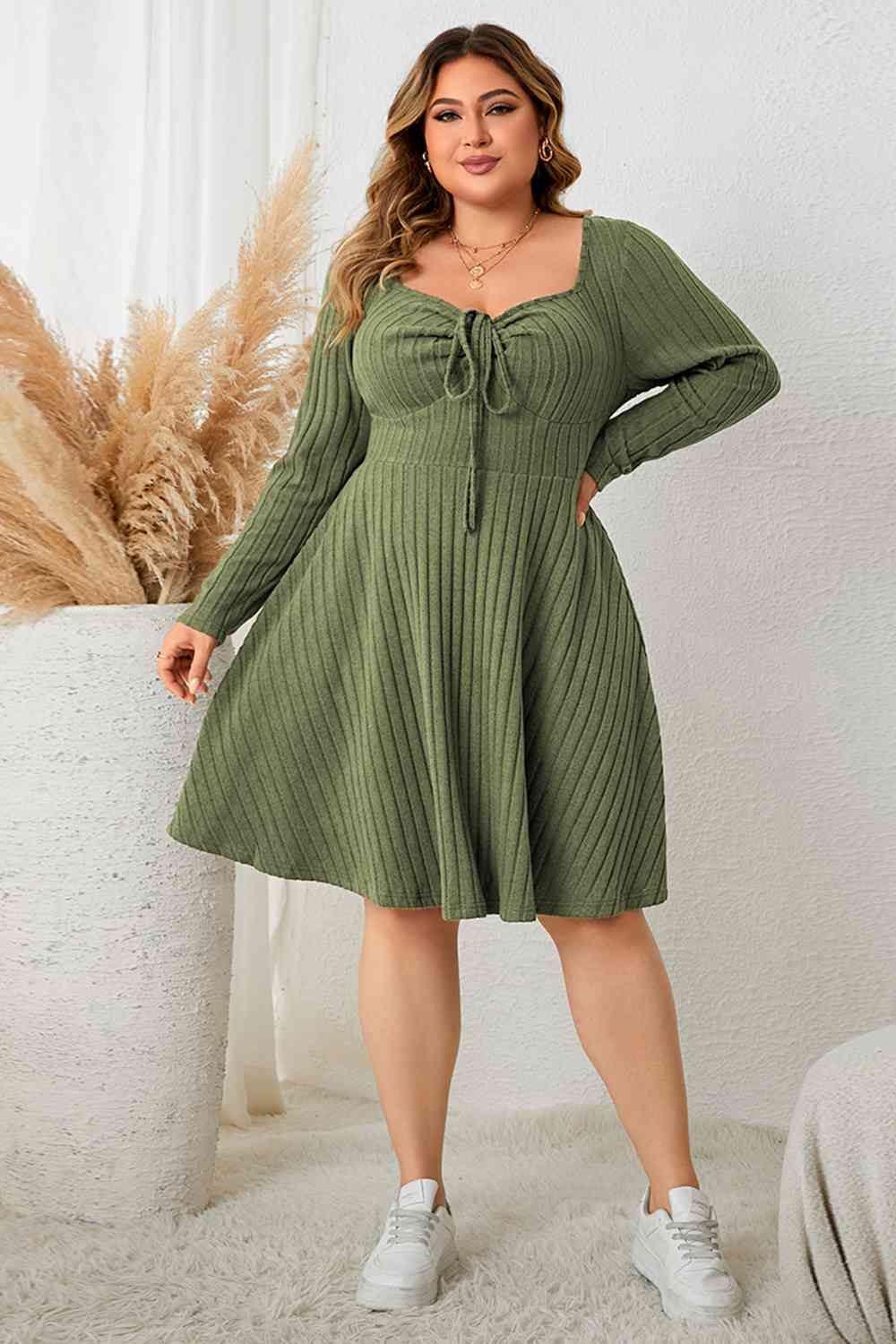 TEEK - Plus Size Matcha Green Sweetheart Neck Long Sleeve Ribbed Dress DRESS TEEK Trend   