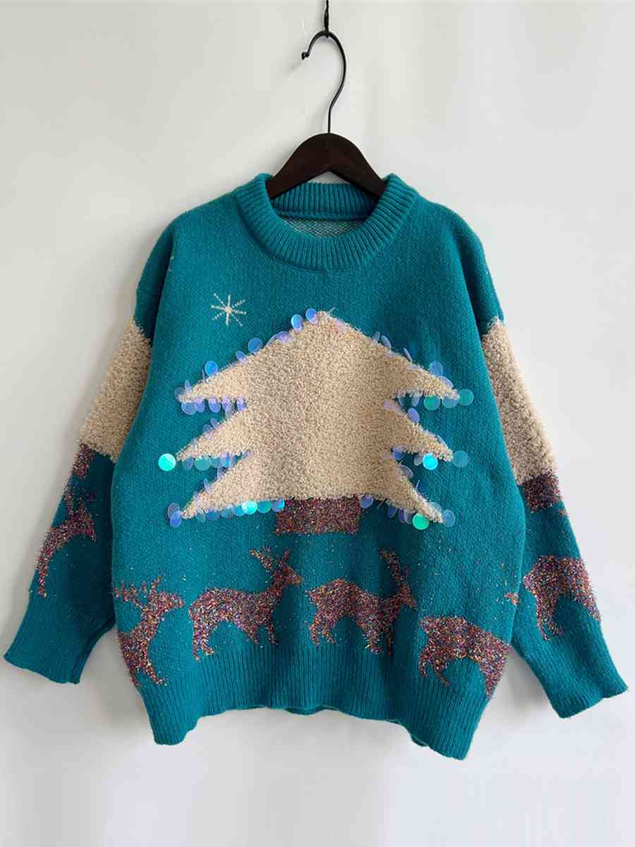 TEEK - Sequin Christmas Tree & Reindeer Sweater SWEATER TEEK Trend   