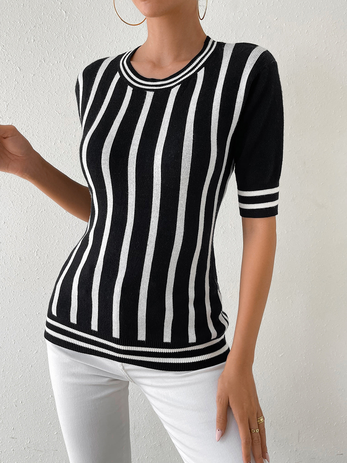 TEEK - BlackStriped Half Sleeve Knit Top TOPS TEEK Trend   