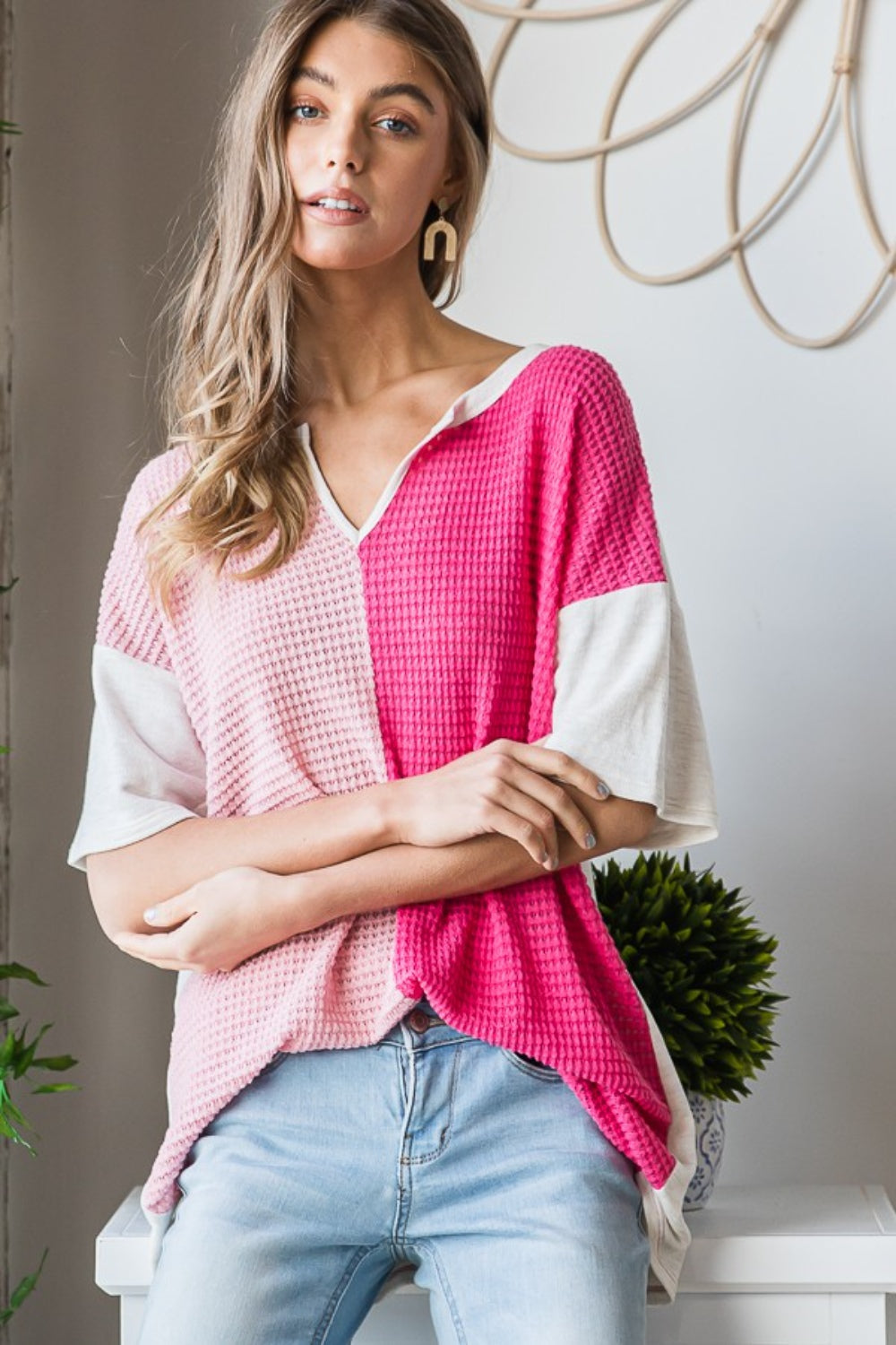 TEEK - Fuchsia Contrast Waffle-Knit Half Sleeve Blouse TOPS TEEK Trend   