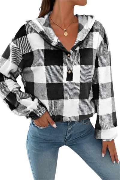 TEEK - Plaid Quarter Button Hoodie TOPS TEEK Trend Black S 