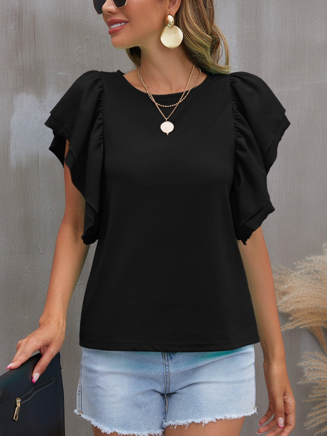 TEEK - Round Neck Ruffle Flounce Sleeve Blouse TOPS TEEK Trend Black S 