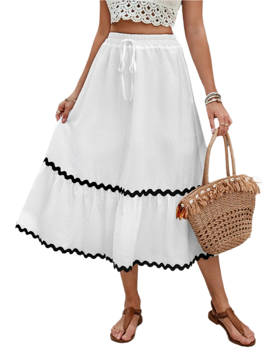 TEEK - White Tied Contrast Trim High Waist Skirt SKIRT TEEK Trend S  